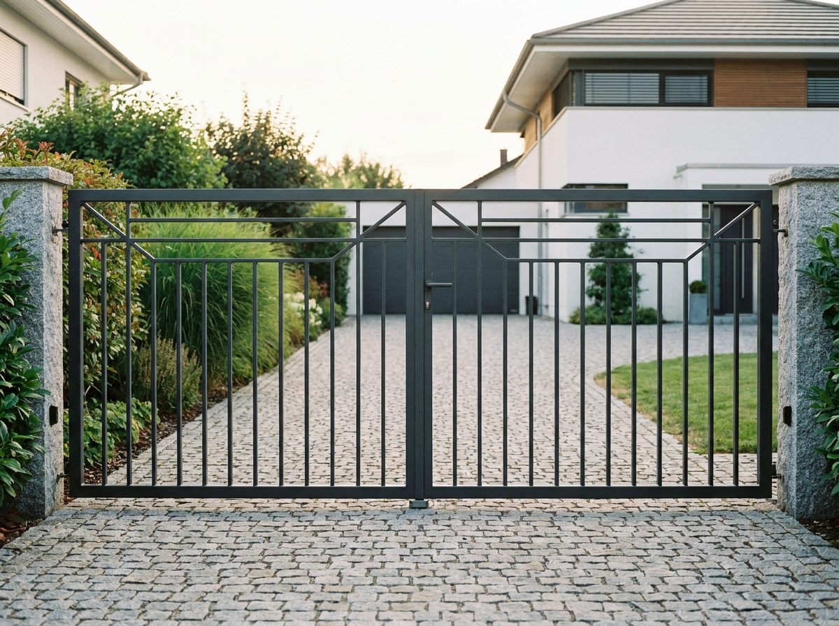 Zweiflügeliges Metalltor mit Zaun an einer Grundstückseinfahrt, Symbolbild für Tore und Zäune von Siebert Schweißtechnik und Metallbau (KI-generiert)