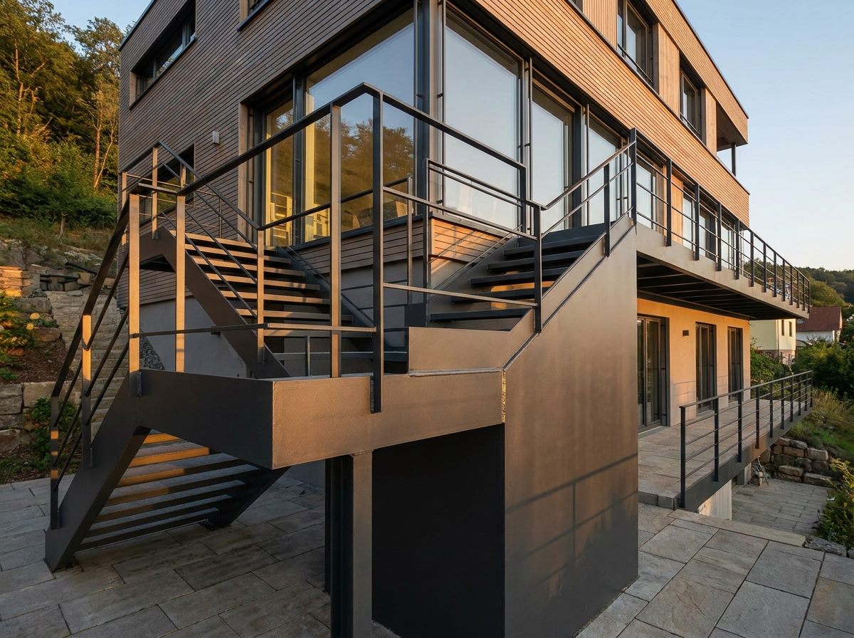 Moderne Stahltreppe mit Metallgeländer an einem Wohnhaus, Symbolbild für Treppen und Geländer von Siebert Schweißtechnik und Metallbau (KI-generiert)